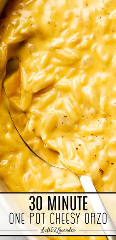 closeup of a spoonful of orzo with text overlay that reads 30 minute one pot cheesy orzo Orzo Recipes Side, Pasta Side Dish, Cheesy Orzo, One Pot Orzo, Orzo Pasta Recipes, Pasta Side, Creamy Orzo, Orzo Recipe, Pasta Side Dishes