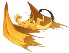 a yellow dragon flying through the air with its tail curled up and wings spread out