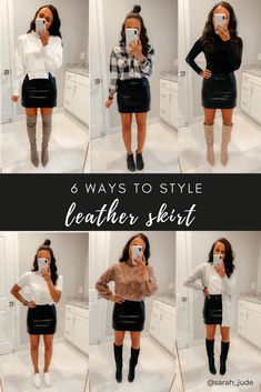 Leather Skirt Night Outfit, Leather Skirt Shoes Outfit, Leather Skirt Business Casual, Leather Mini Skirt Outfit Work, High Waisted Leather Skirt Outfit, Leather Skirt And Bodysuit Outfit, Leather Look Skirt Outfit, Fall Black Leather Skirt Outfit, Style Leather Skirt Winter