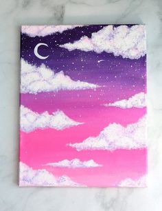 an acrylic painting of the night sky with clouds and a crescent on it