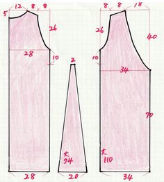 a drawing of a pink dress with measurements for the neck and back, as well as numbers