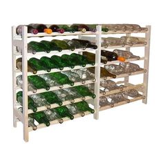 a wooden wine rack filled with lots of green and brown bottles on top of each other