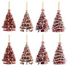 six christmas trees decorated with candy canes and bows, all in different shapes and sizes