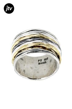 Introducing the Two Tone Sterling Silver & 14k Gold Over Silver Spinner Band Ring from our Artisan Collection of Israel���! This playful ring is perfect for those who love a touch of whimsy in their accessories. The band features a spinning design that adds an element of fun to your everyday look. Crafted with sterling silver and accented with gold overlay, this unique piece measures at 0.50 inches wide, making it comfortable yet eye-catching on any finger you choose to wear it on. Add some spin to your style with this charming spinner band ring today! Not Sizeable. Oxidized. Gold Overlay, The Two, Band Ring, Band Rings, Spinning, Unique Pieces, Two Tone, Two By Two, Band