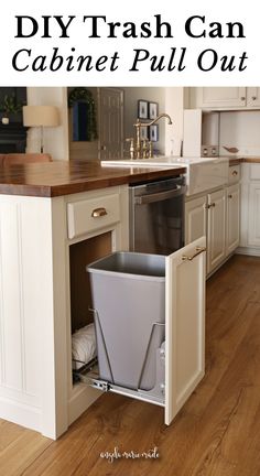 Learn how to easily install a DIY pull out trash can cabinet and about the different DIY trash can cabinet options! A DIY pull out trash can cabinet is a small kitchen upgrade with a big impact! Diy Trash Can Cabinet, Pull Out Trash Can Cabinet, Butcher Block Cabinets, Diy Trash Can, Hide Trash Cans, Can Cabinet, Pull Out Trash Cans, Cabinet Island, Kitchen Built In