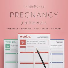 a desk with a pen and paper on it next to a pink background that says, pregancy journal