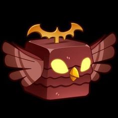 an owl with glowing eyes and a bat on its head