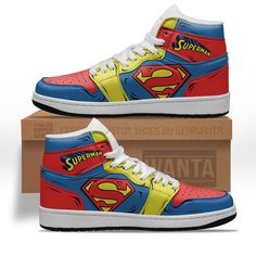 Superman J1 Shoes Custom Super Heroes Sneakers-Gear Wanta Weird Sneakers, Superman Shoes, J1 Shoes, Super Hero Shoes, Superman Outfit, Harry Potter Shoes, Shoe Artwork, Marvel Clothes, Cartoon Shoes