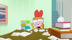 a cartoon character sitting at a desk with lots of papers on the table next to him