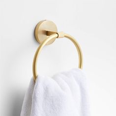 a towel hanging on the wall next to a gold toilet paper holder with a circular handle