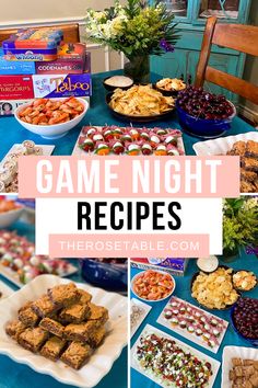 game night snacks and desserts on a blue table with text overlay that reads game night recipes