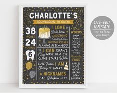 a black and gold birthday poster with the words charlotte's written in white on it