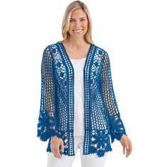 This Open-Front, Crochet Jacket Features An Intricate Crochet And Floral Lace Pattern With A Scalloped Floral Crochet Hem And Long Sleeves. Approx. 28"L. Machine Wash. Cotton; Imported. Choose: White Or Black. Available In: M/L(10-16) Or Xl/Xxl(18-24). Crochet Outerwear For Beach In Spring, Spring Beach Outerwear With Crochet Details, Spring Blue Open Knit Outerwear, Blue Open Knit Outerwear For Spring, Long Sleeve Crochet Lace Outerwear For Fall, Crochet Outerwear For The Beach, Long Sleeve Outerwear With Crochet Trim For Fall, Spring Casual Outerwear With Crochet Trim, Casual Fall Outerwear With Crochet Trim