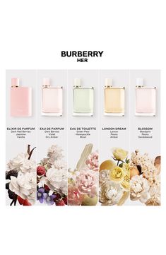 an advertisement for burberry hair with flowers and perfume bottles in different colors on it