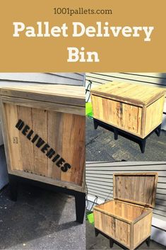 the pallet delivery bin is made out of wood and has been turned into a side table