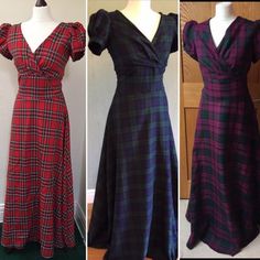 Fitted Plaid V-neck Dress, Elegant Fitted Plaid Dress With Short Sleeves, Fitted V-neck Plaid Dress, Elegant Plaid V-neck Dress, Fitted A-line Plaid Dresses, Outlander Clothing, Scottish Costume, Edwardian Gowns, Highland Fling