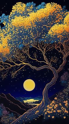 a painting of trees with the moon in the background