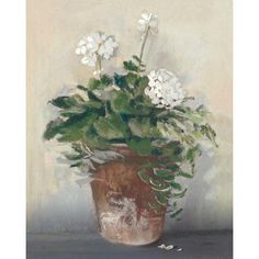 a painting of white flowers in a brown pot on a table with grey background and gray flooring