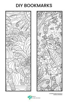 an adult coloring bookmark with flowers and birds in the background, one is black and white