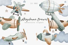 watercolor airplane clipart with clouds and stars