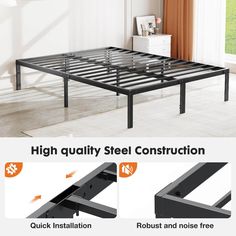 the metal bed frame is shown with instructions