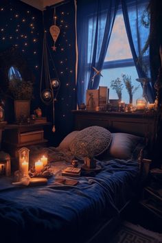 a bedroom with blue walls and lights on the windowsill, candles in front of the bed