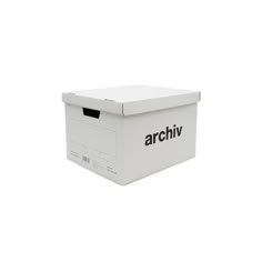 an open white box with the word archiv printed on it's front side