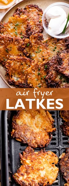 an air fryer that has some fried food on it and the words air fryer latkes above it