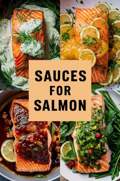 salmons with sauces for salmon on the side and lemon slices, as well as other foods