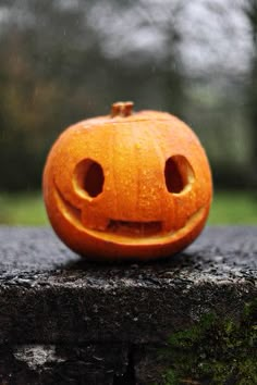 an orange carved pumpkin sitting on top of a stone wall with rain drops falling off it