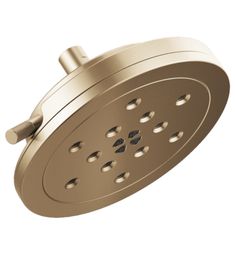 the brass shower head is shown with holes for water running down it's side