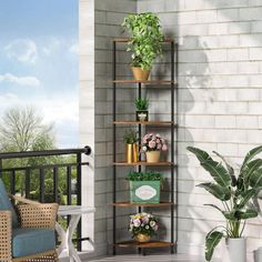 a set of shelves with potted plants on top of them next to a balcony