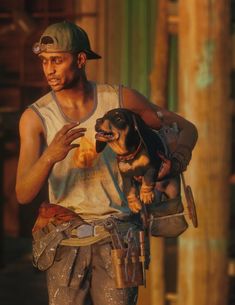 a man holding a dog in his arms while standing next to a construction worker with tools