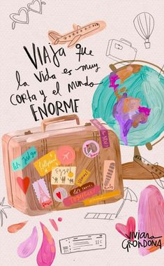 a drawing of an open suitcase with the words, via de los muerts cofres y el mundo enorme