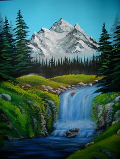 a painting of a mountain with a waterfall in the foreground