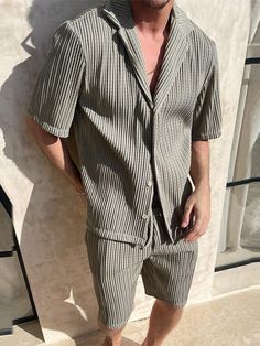 Vintage Striped Knitted Outfits Men Casual Fashion Two Piece Sets Mens – Wiaofellas Suit Man, Striped Two Piece, Tracksuit Men, Mens Sleepwear, Track Suit Men, Stripe Outfits, Casual Summer Shorts, Man Set, Mens Fashion Suits