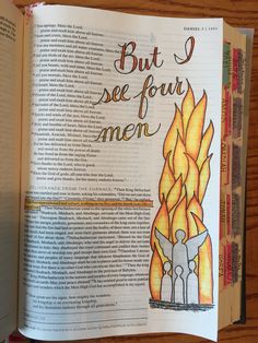 an open bible with the words but i see four men written on it in flames