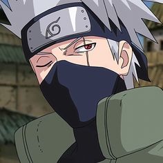 an anime character with red eyes wearing a black mask and grey hair, standing in front of a building