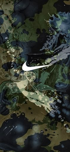 the nike logo is reflected in water on a camo print wallpapered surface