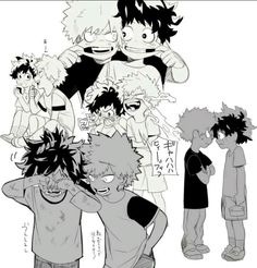 some anime characters are standing together in black and white