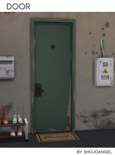 a green door in front of a wall with shoes on the floor next to it