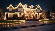 a large house covered in christmas lights