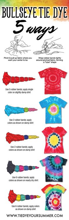 an advertisement for bullseye tie dye, featuring different colors and designs on the front