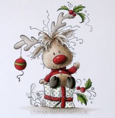 a drawing of a reindeer holding a present