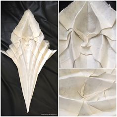 three different views of white fabric with folds