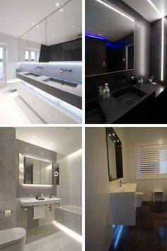 four different pictures of a bathroom with sinks, toilet and bathtub in white and black colors