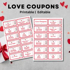 two coupons with hearts on them for valentine's day and the words love coupons