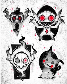 four different types of tattoos with red eyes and fangs on their faces, one in the middle