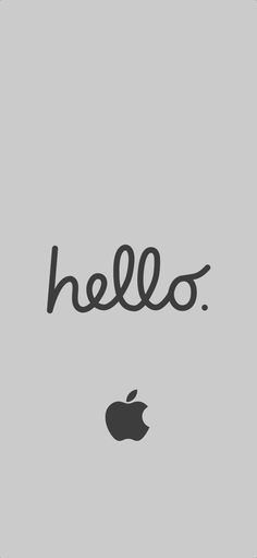 an apple logo with the word hello written in black on a light gray background,