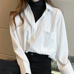 Brand New Turtle Neck And White Shirt Outfit, Korean Fashion Button Up Shirt, Turtle Neck With Button Up Shirt, Korean Fashion Business Casual, Collar Shirts Outfits, White V-neck Chic Shirt, Casual Striped Blouse For Business Casual, Trendy Long Sleeve Business Casual Top, White Long Sleeve Office Tops